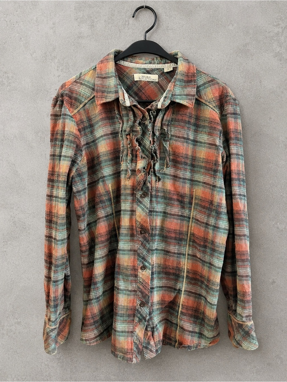 Natural Reflections Plaid Lace-Up Button-Down Shirt - Green & Orange
